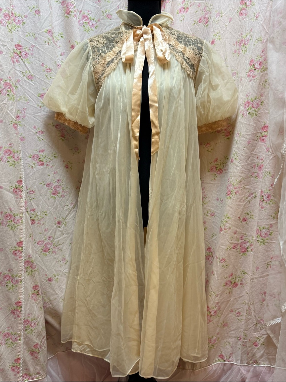 Sheer Cream Vintage Peignoir with Satin Bow Tie